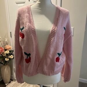Women’s SHEIN pink knit cardigan with red cherry’s size small